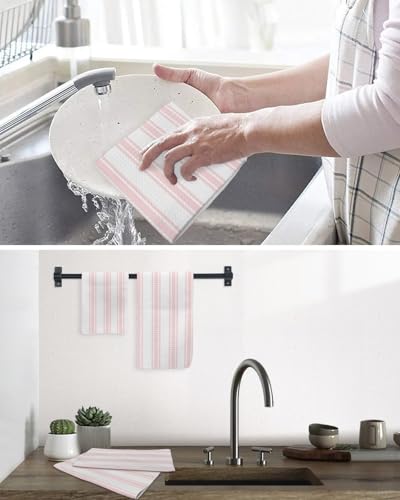 Pink Striped Dish Towels Set, Waffle Weave Kitchen Towels 2 Pieces, Farmhouse Aesthetic Modern Stripes Microfiber Hair Face Bath Tea Towel Absorbent Quick Drying Cleaning Dish Cloths, 12"x12" - color: Pink, White, Blush, size: 2PCS,12"x12"