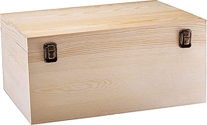 Large Wooden Box - 14" x 10" x 6.5" - Unfinished Pine Wood Box for Crafts, Storage, Keepsakes & Memory - Hinged Lid