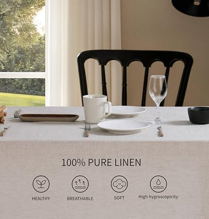 100% French Flax Linen Tablecloths Scalloped Embroidery Rectangle 132Lx60W Inch for Dinners, Parties, Spring, Machine Washable, 12-14 Sets, Linen(Edges-Green) - color: Linen(edges-green), size: 132" x 60" (Rectangular)
