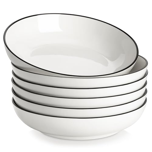 MALACASA 8.85" Large Pasta Bowls, 42 OZ White Salad Bowls Soup Bowls, Porcelain Serving Bowls Set of 6, Ivory White with Black Rim, Microwave & Dishwasher Safe, Series REGULAR - color: Ivory White (Black Rim), size: 42 Oz (6 Piece)