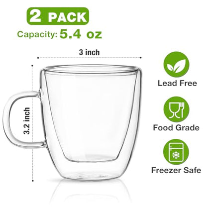 Mfacoy Glass Double Wall Insulated Espresso Cups (Set of 2), 5.4 oz Shots Cup with Handle, Insulated Glasses Mugs, Small Coffee Cups, Shot Glass - size: Espresso Cups