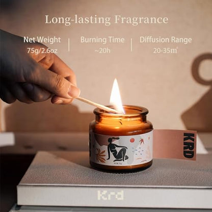 KRD Scented Candles Gift Set for Women, 120H Glass Jars Soy Wax, 6x2.6oz | 6 unique scents with 15% strong essential oil load. 6x2.6oz amber elegant glass jars. Perfect spa bath gift set for women