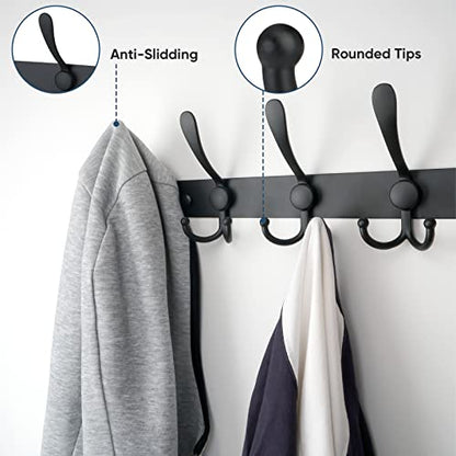 TICONN Wall Mounted Coat Rack, Five Heavy Duty Tri Hooks All Metal Construction for Jacket Coat Hat in Mudroom Entryway (Matte Black, 1-Pack) - color: Matte Black