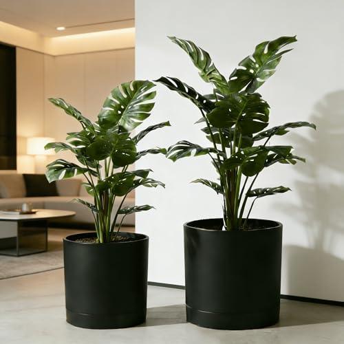 GreenShip Set of 2 Indoor Plant pots, Cylinder Planters with Drainage Hole and Planter Saucer, Jun Porcelain Clay & Recycled Resin, Decorate Home,Office & Outdoor,Black pots, 13.7in+11.8in - color: Black, size: 13.7in+11.8in