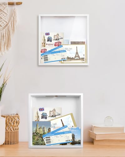 Adventure Archive Box, 12 x 12 Inch Travel Box for Memories, Travel Shadow Box Frame with Slot, Adventure Box, Keepsake Display Case, Perfect for Travel Memento Display Case Travel Decor Gift (White) - size: 12×12-white