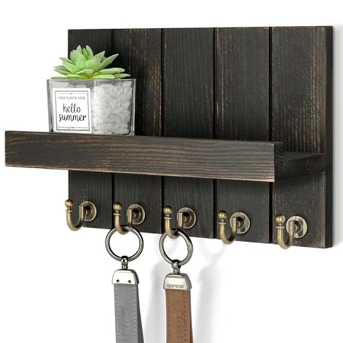 Rebee Vision Key Holder Wall Mount with Shelf for Office, Distressed Black | 3.54'' x 10'' x 7.28'', Pine Wood Construction, Farmhouse Key Holder for Wall, Mail Storage, Compact Space-Saving Design - color: Distressed Black, size: 10 inches