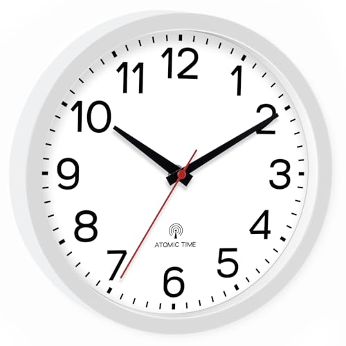 AKCISOT 10 Inch Wall Clock, Silent Battery Operated Analog Clock, White | Atomic | Classroom | Kitchen | Office | Easy to Read Numbers | Garage - color: Atomic_white, size: 10 Inch