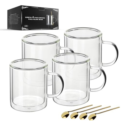 LIBWYS 12oz Double Wall Coffee Mugs (4-Pack) - Insulated Borosilicate Glass Cups with Handle for Espresso, Cappuccino, Latte - Heat Resistant, Dishwasher Safe Hot/Cold Beverage Glasses 350ml - size: 4x12oz clear mugs
