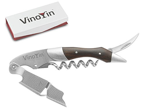 All In One Waiter's Corkscrew Gift Set - Stainless Steel with Ebony Wood Inlay - Includes Wine & Beer Bottle Opener and Foil Cutter, with Gift Box by VinoYin