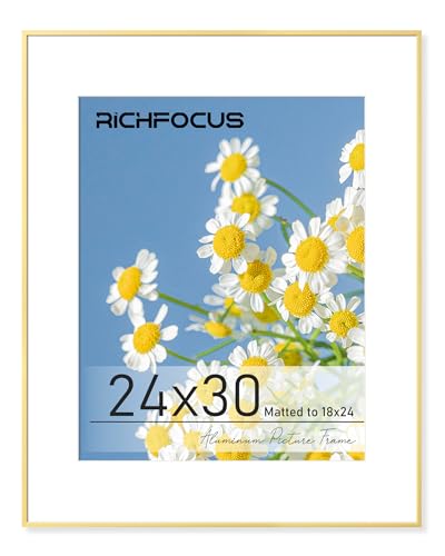 RICHFOCUS 24x30 Poster Frame Gold|24 x 30 Large Picture Frame Matted to 18x24 Photo|Metal Aluminum 30x24 Art Frame for Wall with Tempered Glass Wall Hooks Included, Set of 1 - color: Gold, size: 24x30-1P-Tempered Glass