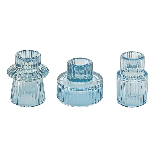 Glass Candlestick Holders, Taper Candle Holders, Set of 3, Bule | Double-sided ribbed glass taper candle holders for wedding centerpieces, parties, Christmas, winter tables, and home decor - color: Bule, size: 3 PCS