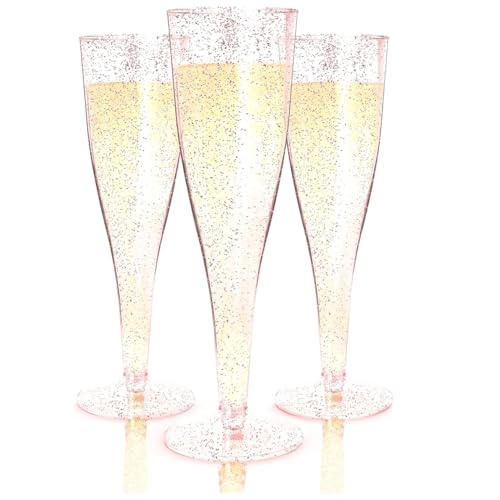 Prestee 24 Piece Plastic Champagne Flutes - 4.5 oz Plastic Wine Glasses with Rose Gold Glitter - Cocktail Glasses for Parties - Party Supplies for Mimosa Bar, Wedding, Shower Party and New Years Eve - color: Rose Gold Glitter, size: 24 Count (Pack of 1)