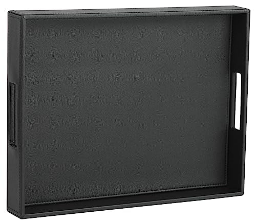 HofferRuffer Rectangle Serving Tray with Hole Handles for Coffee Table, Breakfast, Tea, Food, Butler - Countertop, Kitchen, Vanity Serve Tray, 16.2 x 12.2 x 2 inches, Faux Leather Tray (Black) - color: Black