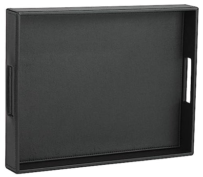 HofferRuffer Rectangle Serving Tray with Hole Handles for Coffee Table, Breakfast, Tea, Food, Butler - Countertop, Kitchen, Vanity Serve Tray, 16.2 x 12.2 x 2 inches, Faux Leather Tray (Black) - color: Black