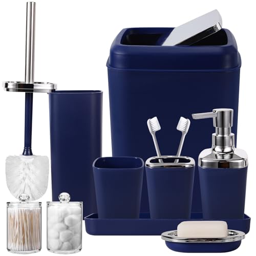 XLHOMO Bathroom Set, 9PC Bathroom Accessory Set, Blue Bathroom Accessories, Blue Bathroom Set, Trash Can, Soap Dispenser for Home Decor - color: Navy Blue, size: Bathroom Set