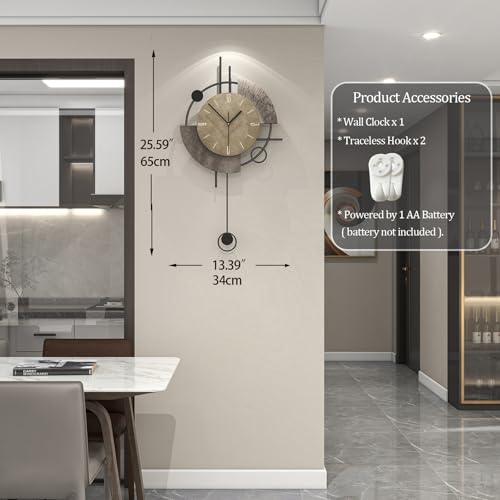 Large Modern Wall Clock with Pendulum for Living Room Decor | Kitchen Analog Wall Clock Decoration, Silent Battery Operated Non-Ticking for Bedroom Office Classroom Indoor 13.3*25.5 inch
