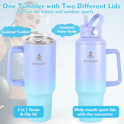 40 oz Tumbler with Handle and Straw or Convert to 40 oz Insulated Water Bottle Fits in Cup Holder. Stainless Steel Metal Water Flask with 2 Lids for Travel,Camping,Gym Sports Coffee Mug Thermal Cup - color: LakeBlue
