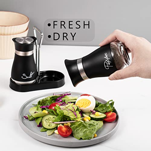 Lonffery Salt and Pepper Shakers Set | Stainless Steel with Glass Bottle for Table, RV, Camp, BBQ, Set of 2, Black - color: Matte Black
