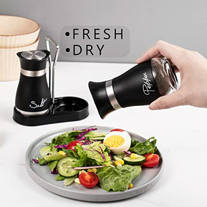 Lonffery Salt and Pepper Shakers Set | Stainless Steel with Glass Bottle for Table, RV, Camp, BBQ, Set of 2, Black - color: Matte Black