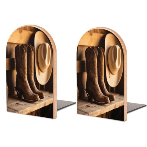 Western Boots Bookend 1 Pair Heavy Duty Book Ends for Shelve | 3.9 X 2 X 5 Inch, Metal Decorative Book Stopper Organizer, Non-skid Wooden Bookend Support for Home, Office, Desk