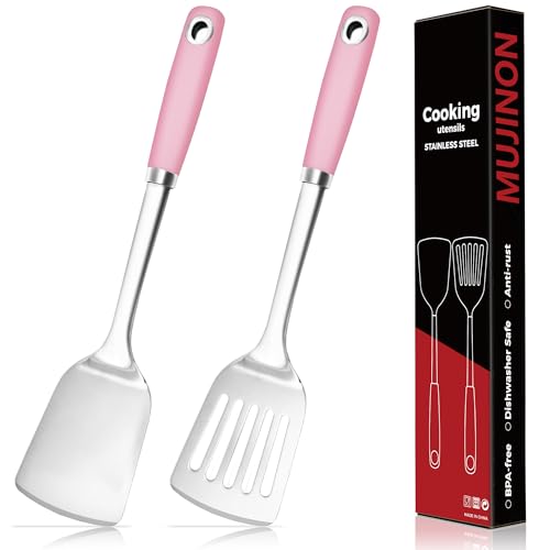 14-in Pink Spatula Set, 18/0 Stianless Steel Heavy Duty Turner & Slotted Spatula, Kitchen Cooking Utensils Set, High Heat Resistant, Grilling Frying Serving Food, Pack of 2 - color: Pink, size: 2PCS-Spatulas set