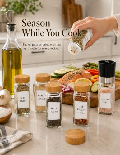 Spice Jar Set, 24 Pcs 4oz Glass Spice Jars with Labels and Bamboo Lids, Square Spice Bottles with Shaker Lids for Cabinet, Drawer, Pantry and Spice Rack Organization