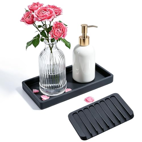 Bloss Small Bathroom Vanity Tray with Soap Dish, 8 x 4 inch Silicone Kitchen Soap Tray,Bathroom Counter Trays Organizer for Candle Perfume Jewelry Key, Black - color: Black, size: 7.9" x 3.9" x 0.9"