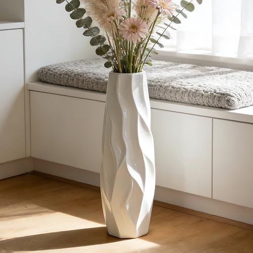 White Tall Ceramic Floor Vase, 17.7 Inch, Pleated Wave Design | Glossy Glazed Finish, Narrow Corners, Entryway, Bedroom, Compact Spaces - color: Shape 1, size: 17.7 Inch