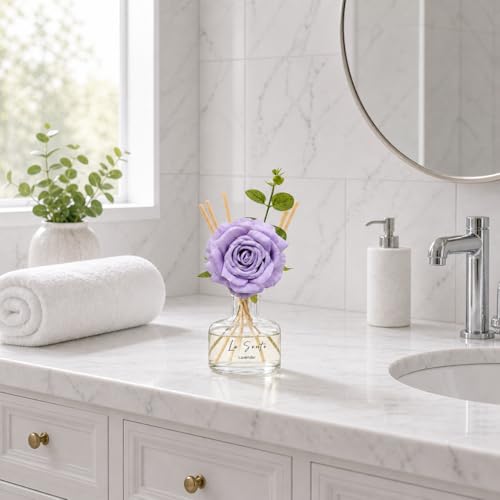 Lavender Reed Diffuser Set 8.5oz / 250ml | Long Lasting Flameless Home Fragrance, Elegant Glass Bottle, Decorative Flower & Natural Reeds - color: Purple Lavender
