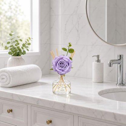 Lavender Reed Diffuser Set 8.5oz / 250ml | Long Lasting Flameless Home Fragrance, Elegant Glass Bottle, Decorative Flower & Natural Reeds - color: Purple Lavender