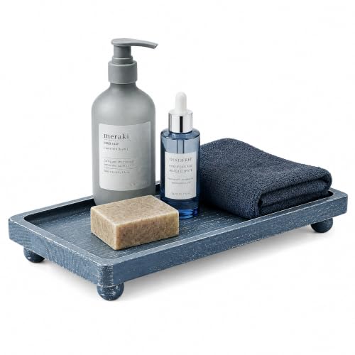 Pine Wood Farmhouse Bathroom Tray for Kitchen Counter, Sink, Vanity, Blue | Raised ball feet, Rounded edge, Waterproof bathroom organization, Ideal for candle holder & blue kitchen decor, Home decor - color: Blue