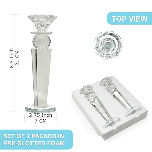 Allgala Set of 2 Crystal Glass Made Reverse Tapered Pillar and Hand Crafted Ball Candlesticks-8.5"-HD89151 - size: 2 PC (8.5")