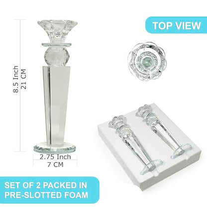 Allgala Set of 2 Crystal Glass Made Reverse Tapered Pillar and Hand Crafted Ball Candlesticks-8.5"-HD89151 - size: 2 PC (8.5")