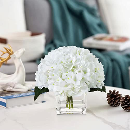 Silk Hydrangea Artificial Flowers in Vase with Faux Water, Silk Flower Arrangements in Vase for Wedding, Dining Table, Living Room (White) - color: White