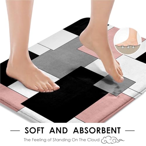 Bathroom Sets with Shower Curtain and Rugs, 4 Pcs, Geometric Pink | Checkered Modern Abstract Bathroom Decor Set with Toilet Lid Cover, Non-Slip Bath Mats and 12 Hooks - color: Abstract Geometric Pink