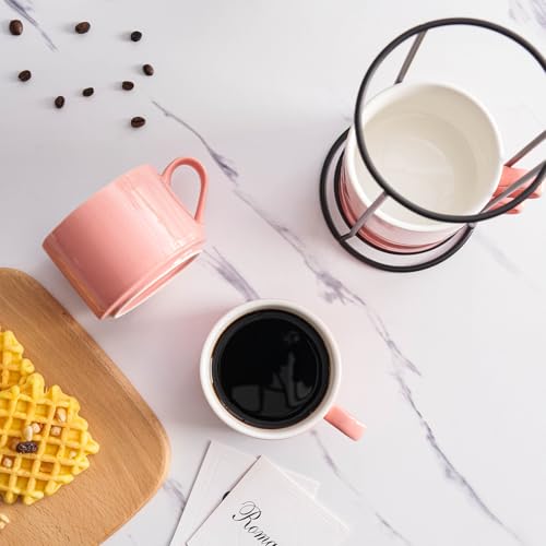10oz Porcelain Stackable Coffee Mugs and Metal Stand Set of 4, Espresso Cups Set for Hot Drinks, Cappuccino, Tea-Pink - color: Pink