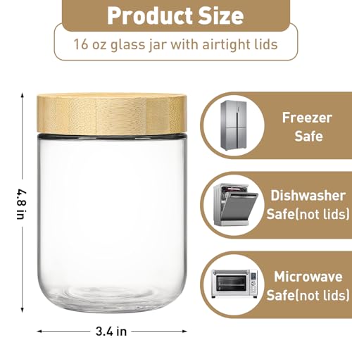 16oz Overnight Oats jars 4 Pack,Overnight Oats Containers with Bamboo Lids for Meal Prep,Wide mouth Mason Glass Salad Jars with Spoons,Glass Food Storage Container for Yogurt Chia Pudding Spice Sugar