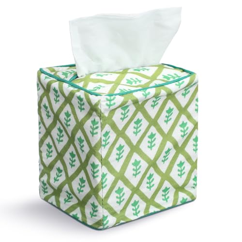 Green Color Print Tissue Cover - Floral Print Tissue Box & Decorative Square Napkin Holder Handmade Cotton for Home Bedroom Vanity Countertop Night Stands Office - style: Light Green