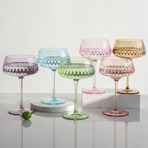 JOVGANK Colored Martini Glasses Set of 6 - Hand Blown Colorful Cocktail Glass 14Oz, Vintage Champagne Coupe, Large Margarita, Crystal Retro Style Bar Drinking Glass - Mixed Color - color: Vintage-Colored