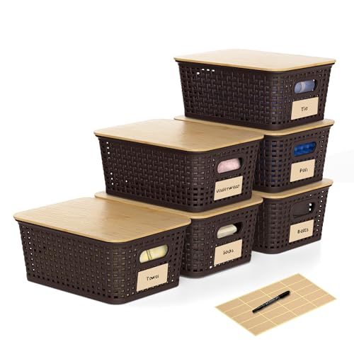 6 Pack Plastic Storage Baskets,Brown bamboo lid storage Box | Labels, Stackable, For Organizing Shelves Pantry Drawers Desktop Closets Organizing Desktop Closet Playroom Classroom - color: Brown