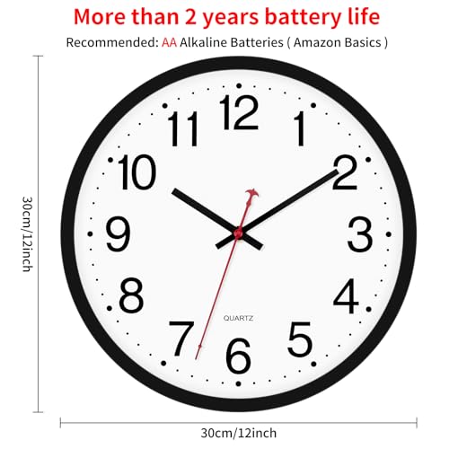 Foxtop 12 Inch Wall Clock Silent Battery Operated Analog Clock, Black | Non Ticking, Modern, Round, Easy to Read, Classroom, School, Office, Living Room, Bedroom - color: Black, size: 12 Inch - 1 Clock