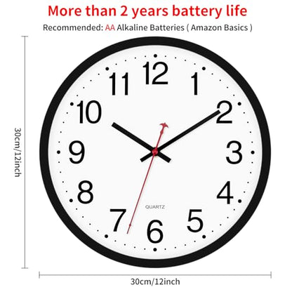 Foxtop 12 Inch Wall Clock Silent Battery Operated Analog Clock, Black | Non Ticking, Modern, Round, Easy to Read, Classroom, School, Office, Living Room, Bedroom - color: Black, size: 12 Inch - 1 Clock
