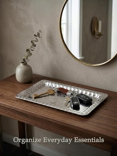 4 Pack Silver Serving Trays Set - 13.8 x 8.7 inch Lightweight Mirror Decorative Trays with Swirl Floral Engraving, Rectangular Platters for Party, Wedding, Dessert, Appetizers, Coffee & Charcuterie - size: 13.8" x 8.7"