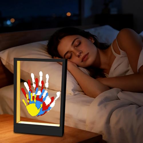 CHERRY CHEERS Family Handprint Kit with Light, Handprint Keepsake Frame, Wooden Led Light, Easy Install, No Need Screw etc, Non-Toxic Paints (Black) - color: Black
