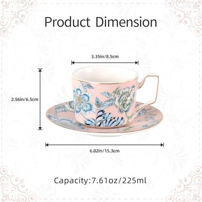 KAMMAK Tea Cups and Saucers Set of 2, Porcelain Coffee Cups, NX043 | Gold Rim, Stackable Espresso Mugs, Ceramic Demitasse for Coffee, Latte, Americano, Afternoon Tea, Elegant Gift for Women - size: 8CZNX043+44