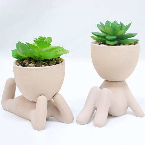 Zerzsy 2PCS Cute Artificial Succulent Plants with Creative Human Shaped Pots, Desk Decoration Artificial Fake Plants Indoor for Home Office Decoration(Cream Color) - color: Cream Color
