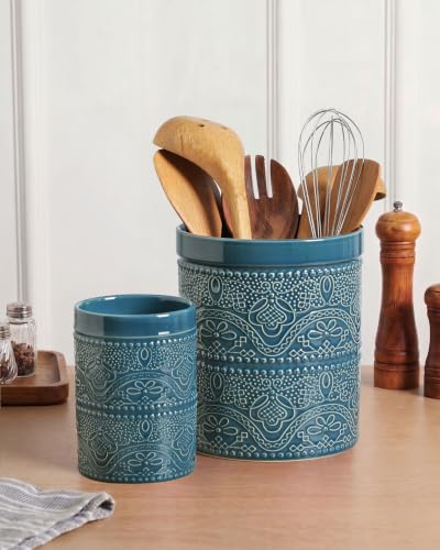Kitchen Utensil Holder, 7.2+5.5" Super Large Utensil Crock Heavy and Stable Lace Emboss Ceramic Utensil Holder for Kitchen Counter(2Pcs Grayish Blue) - color: 2Pcs Grayish Blue