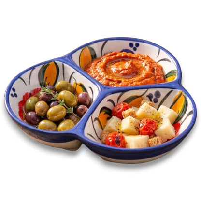 3-Compartment Ceramic Serving Dish, Handmade in Spain | 7.5” divided chip and dip bowl with lead-free glaze, microwave, oven and dishwasher safe, ideal for tapas, snacks and sauces - color: Fiesta Flower