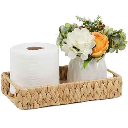 Water Hyacinth Bathroom Vanity Tray with Handle, 11 Inch | Toilet Tank Basket, Bathroom Counter Organizer, Small Wicker Tray, Toiletry Storage, Woven Decor - size: 11.1" x 7.1" x 2.2"