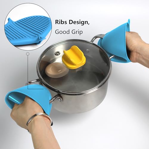 3 Pairs Oven Mitts Silicone Pot Holders Set Heat Resistant for Kitchen - Mini Silicone Oven Gloves Small Mittens Short Grips for Cooking & Baking, Blue - color: Blue